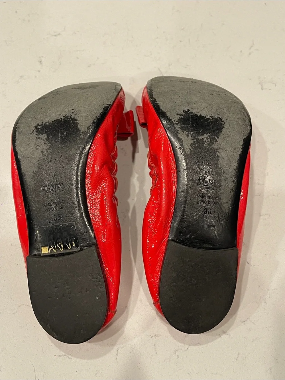 FENDI Red Leather Elastic Ballet Flats with Gold Accent 38